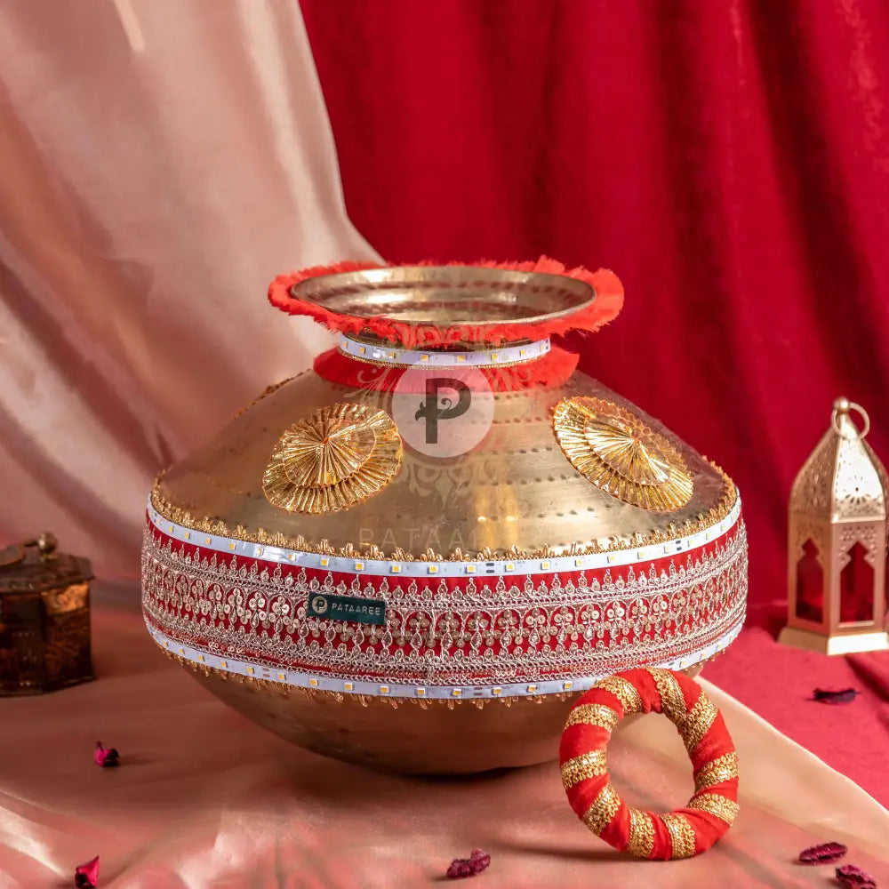 Brass Jaago Matka With Led Lights Red And Gold