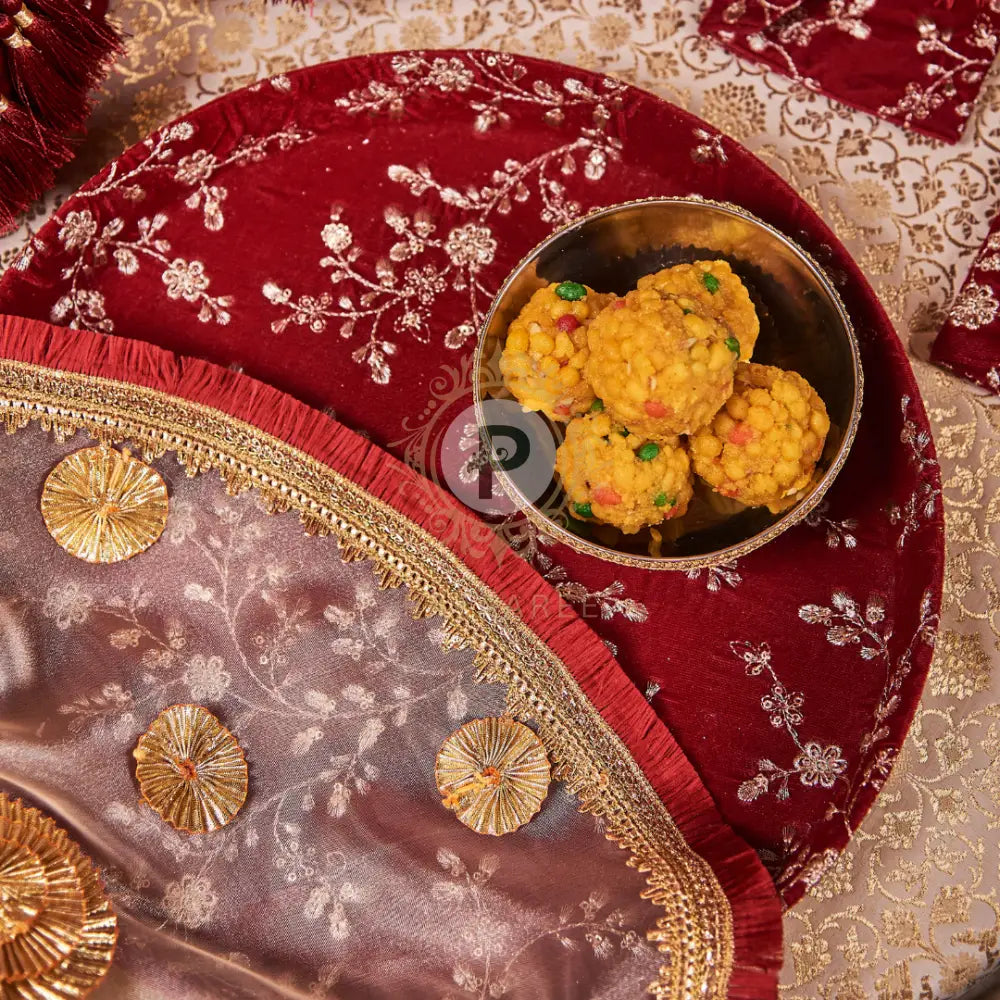 Maroon Embroidered Velvet Thaal With Cover