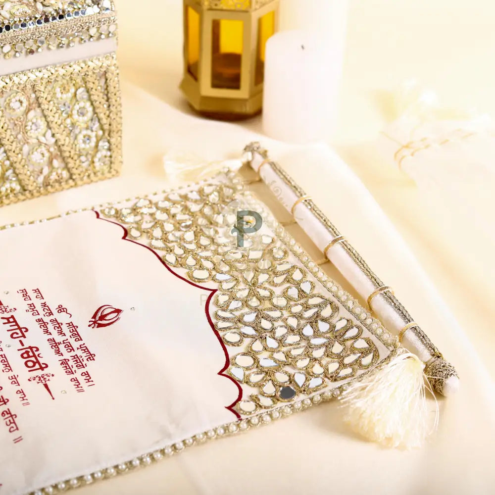 Zehra Sakshi Wedding Invite Set With Screen Printed Fabric Scroll