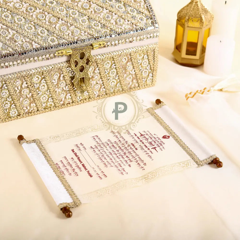 Zehra Sakshi Wedding Invite Set With Screen Printed Paper Scroll