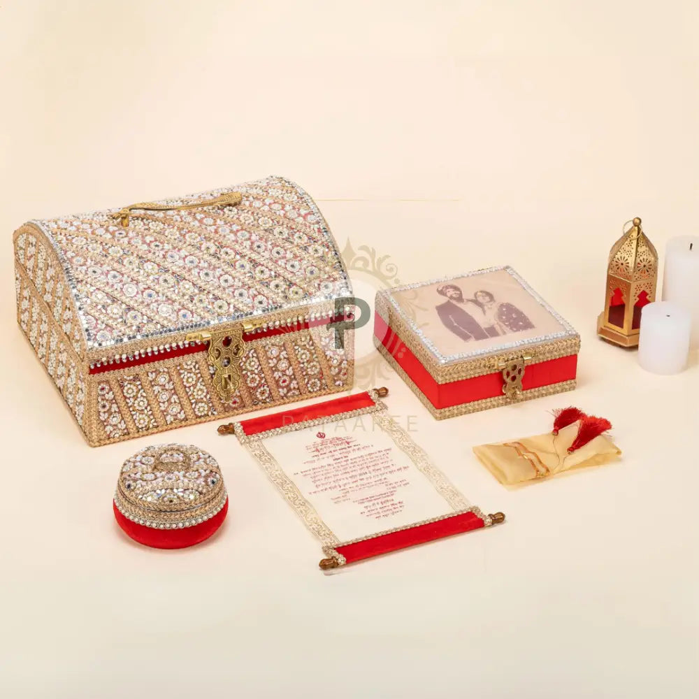 Zehra Sakshi Wedding Invite Set With Screen Printed Paper Scroll Red