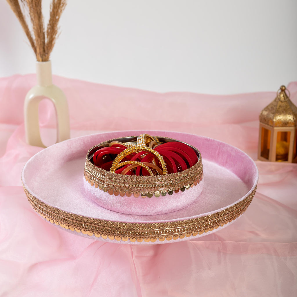 Pastel Pink Velvet Thaal With Chura Bowl