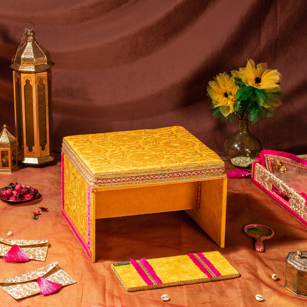 Yellow Brocade Peedi & Fatti With Hot Pink Frill
