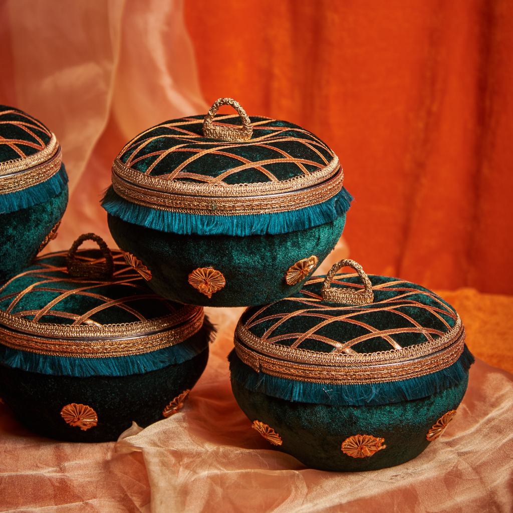 Velvet Ladoo Box Bottle Green