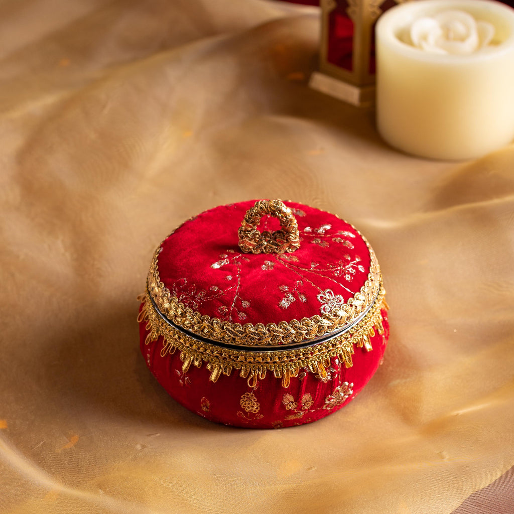 Red Embroidered Velvet Small Ladoo Box