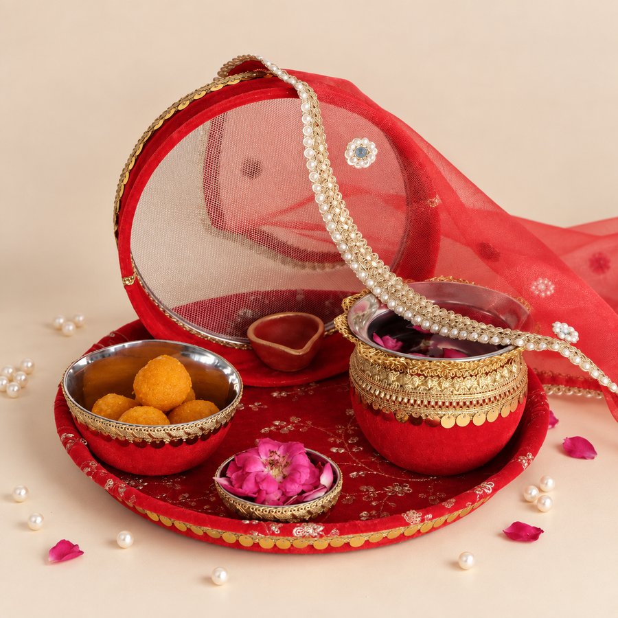 Pataaree Suhi karwa chauth essentials set sargi thali NRI bride Indian festival