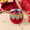 Surkh karwa chauth thali diya red gold NRI bride handcrafted India artisan gifting
