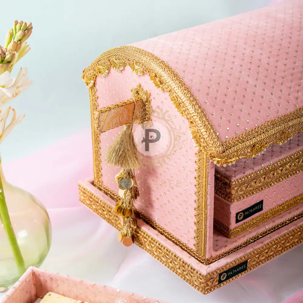 Pink Velvet Palki Sahe Chithi Set With Scroll