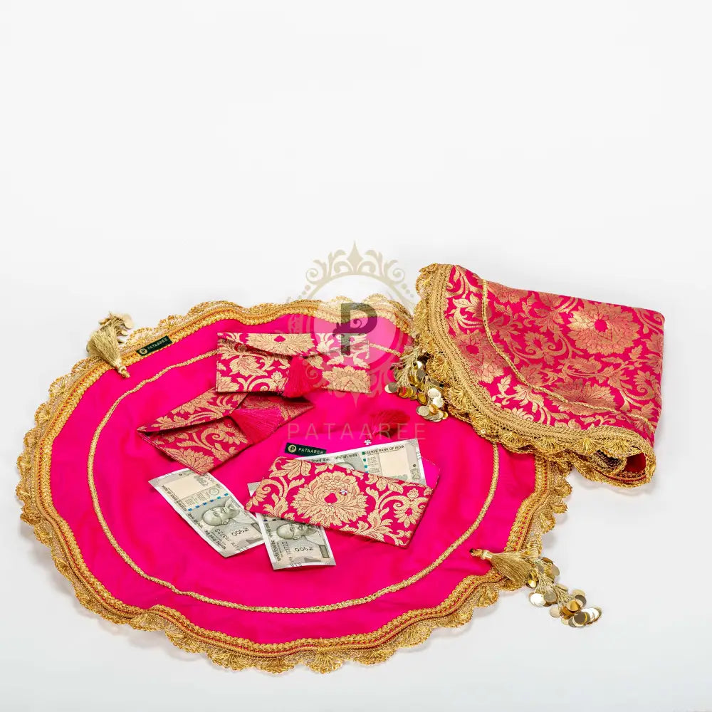 Red Brocade Lap Cover Set Hot Pink