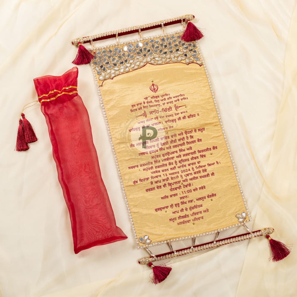 Celebration Maroon Zehra Palki Sahe Chithi Set with Screen Printed Fabric Scroll Sahe Chithi