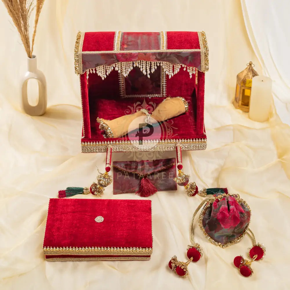 Celebration Surkh Palki Sahe Chithi Set with Screen Printed Scroll (Open Design) Sahe Chithi