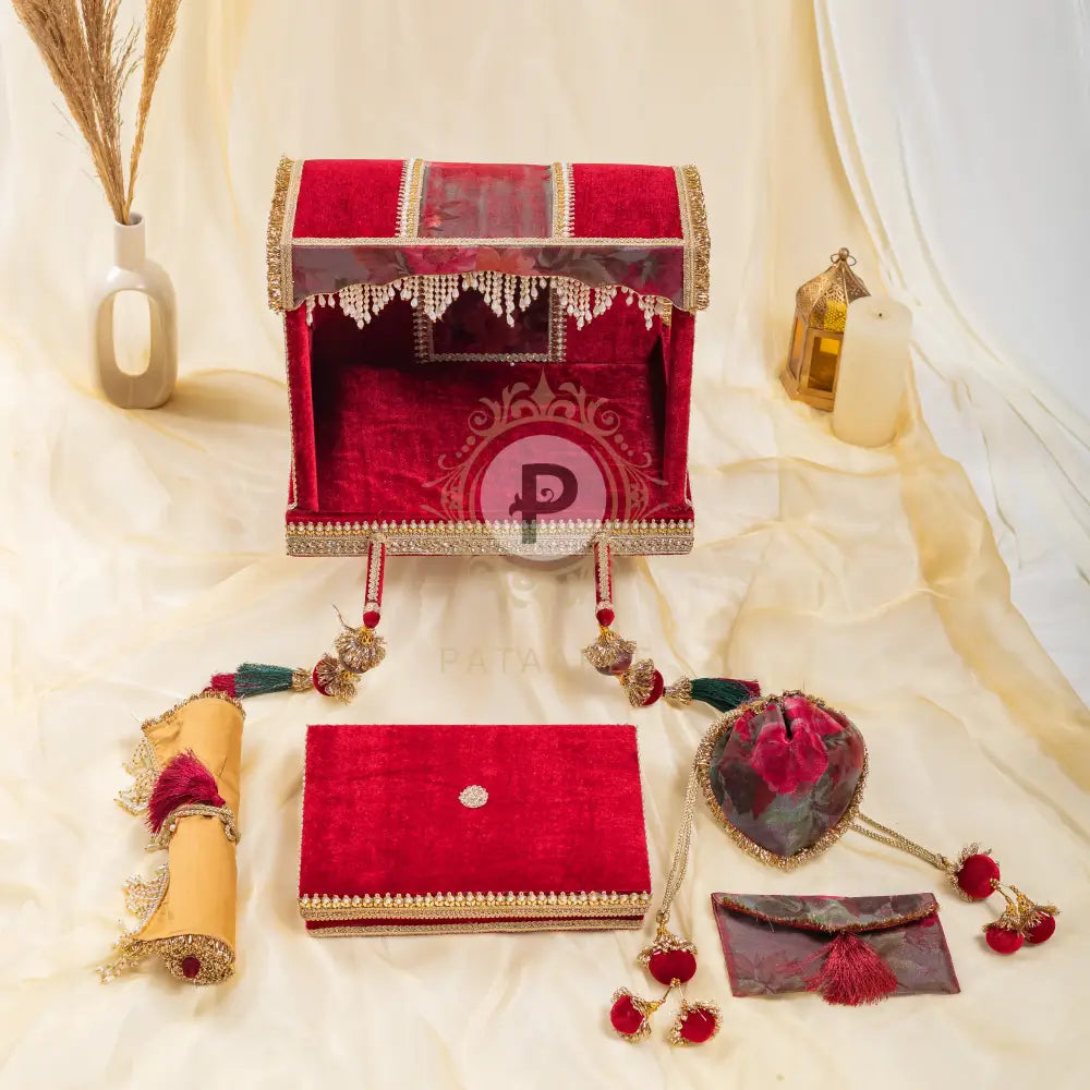 Celebration Surkh Palki Sahe Chithi Set with Screen Printed Scroll (Open Design) Sahe Chithi