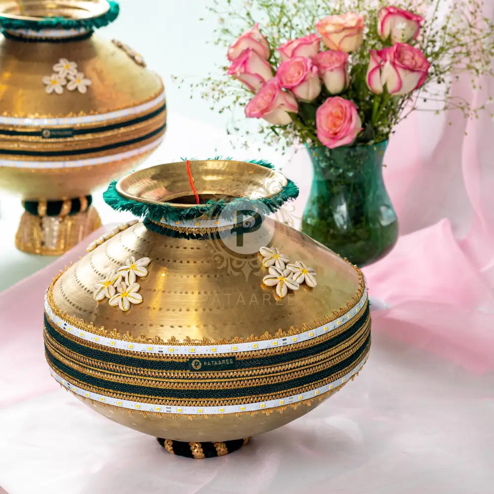 Brass Jaago Matka With Led Lights Green And Gold