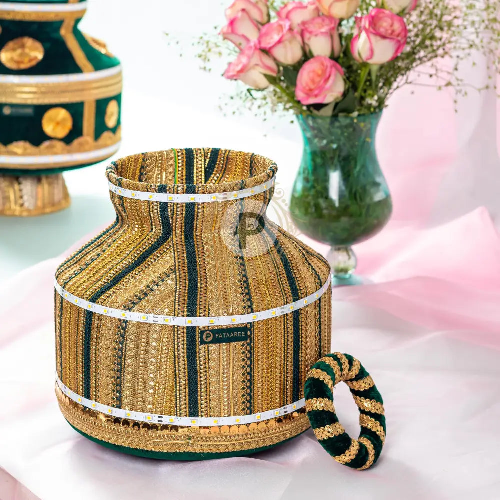 Satrangi Jaago Matka With Led Lights Green And Gold