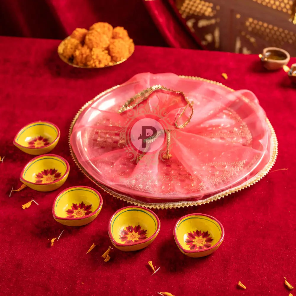 Hot Pink Diya Thali With 5 Handpainted Diyas