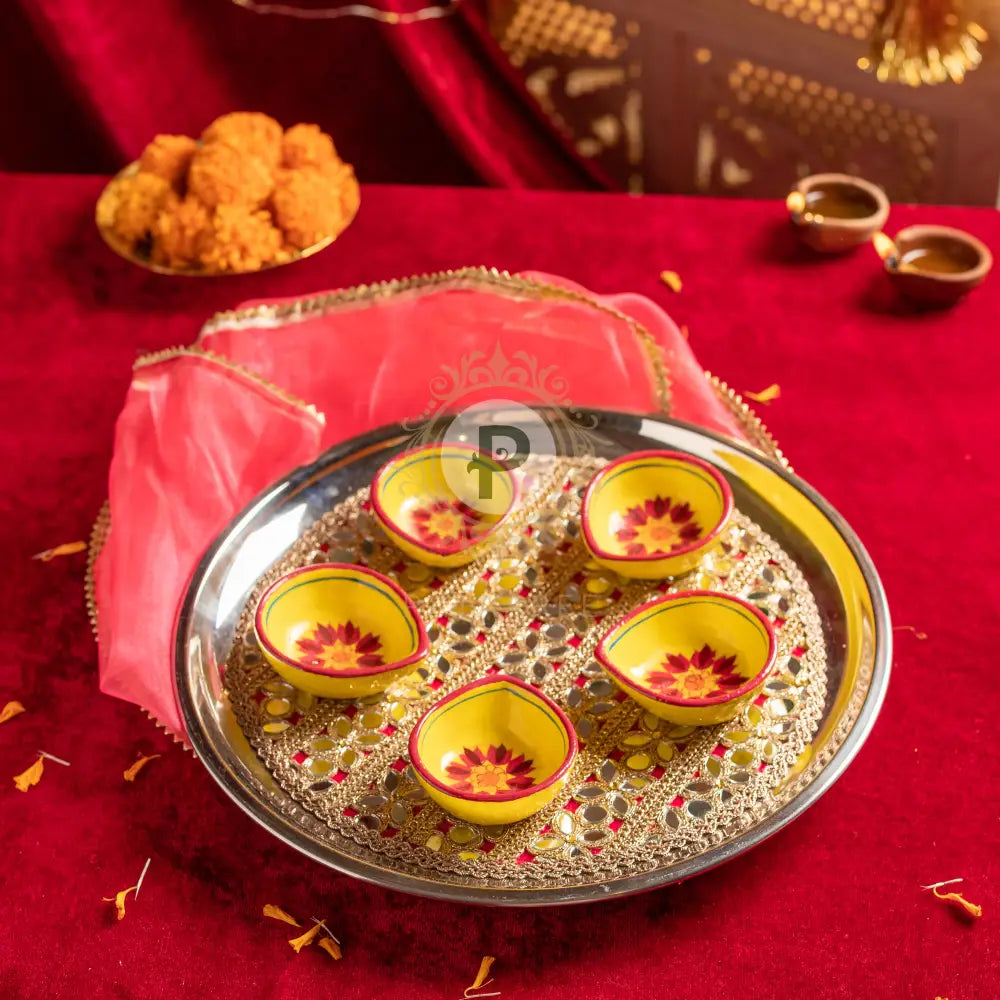 Hot Pink Diya Thali With 5 Handpainted Diyas