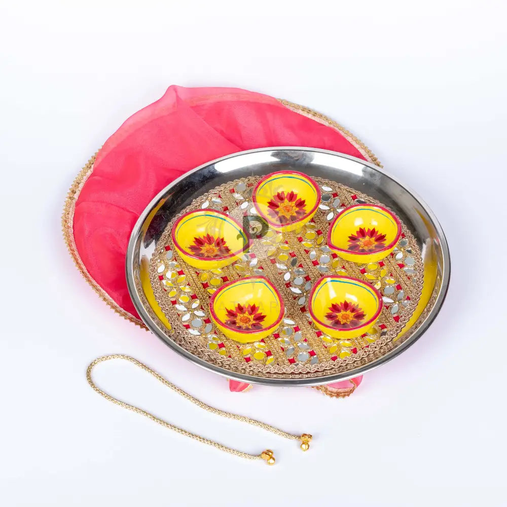 Hot Pink Diya Thali With 5 Handpainted Diyas