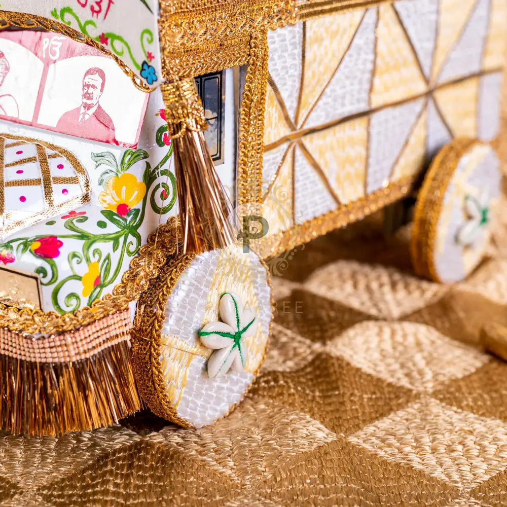 Ivory Phulkari Small Truck with 2 Jute Potlis Truck with Potli