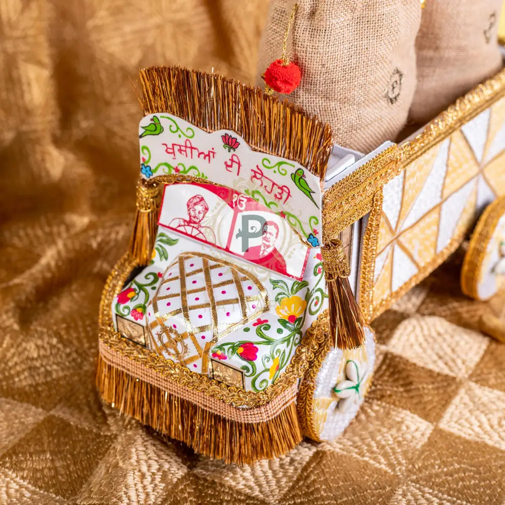 Ivory Phulkari Small Truck with 2 Jute Potlis Truck with Potli