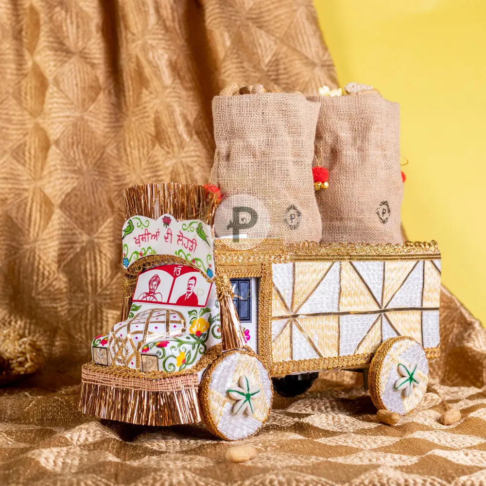 Ivory Phulkari Small Truck with 2 Jute Potlis Truck with Potli