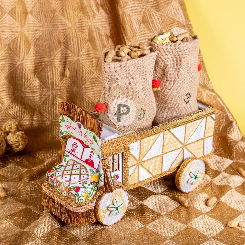 Ivory Phulkari Small Truck with 2 Jute Potlis Truck with Potli