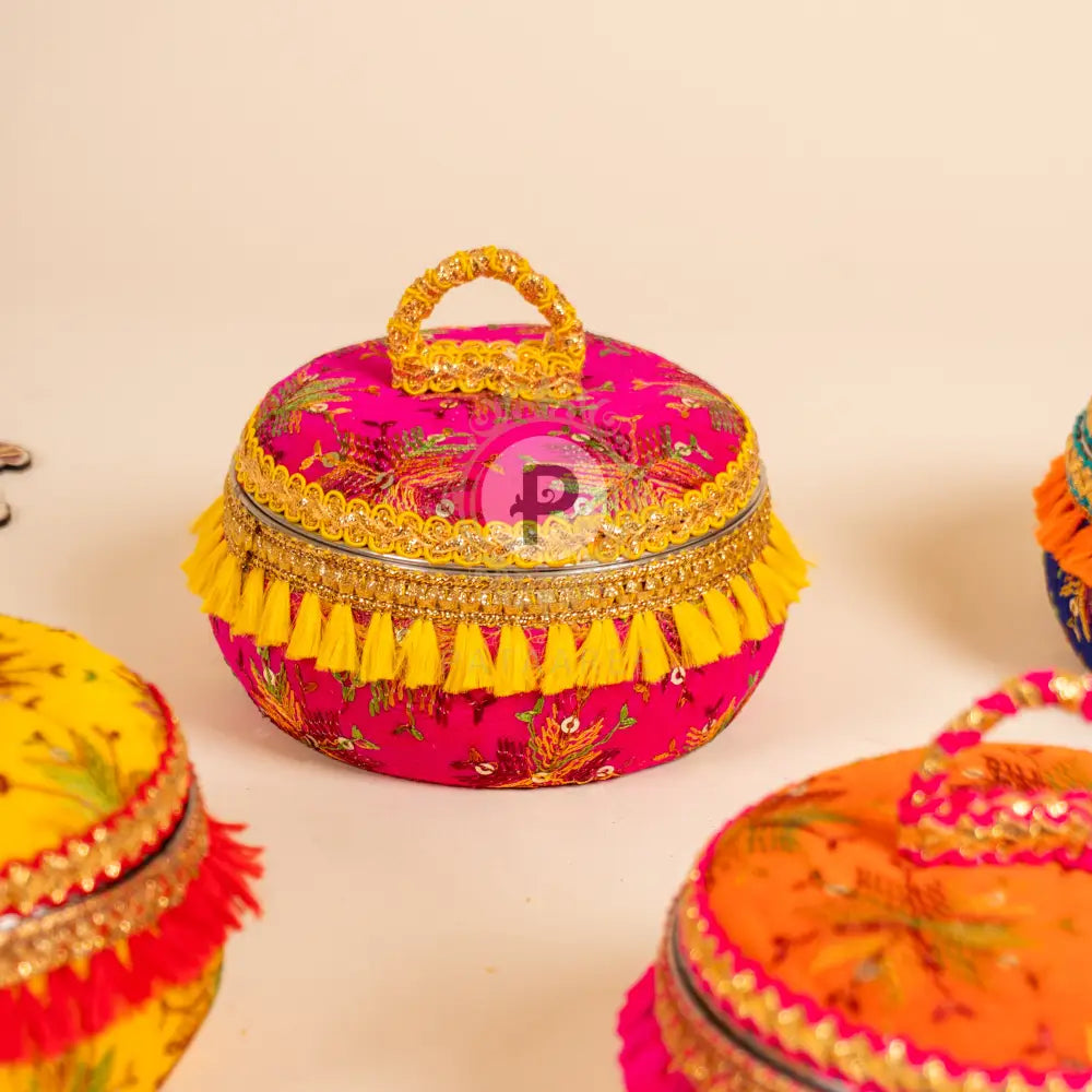 Handcrafted Lohri favor box set showcasing rich Phulkari designs