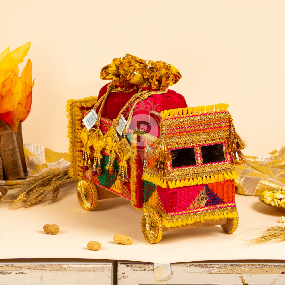 Lohri Multicolor Baag Phulkari Big Truck with 2 Velvet Potlis Gifting Box Set