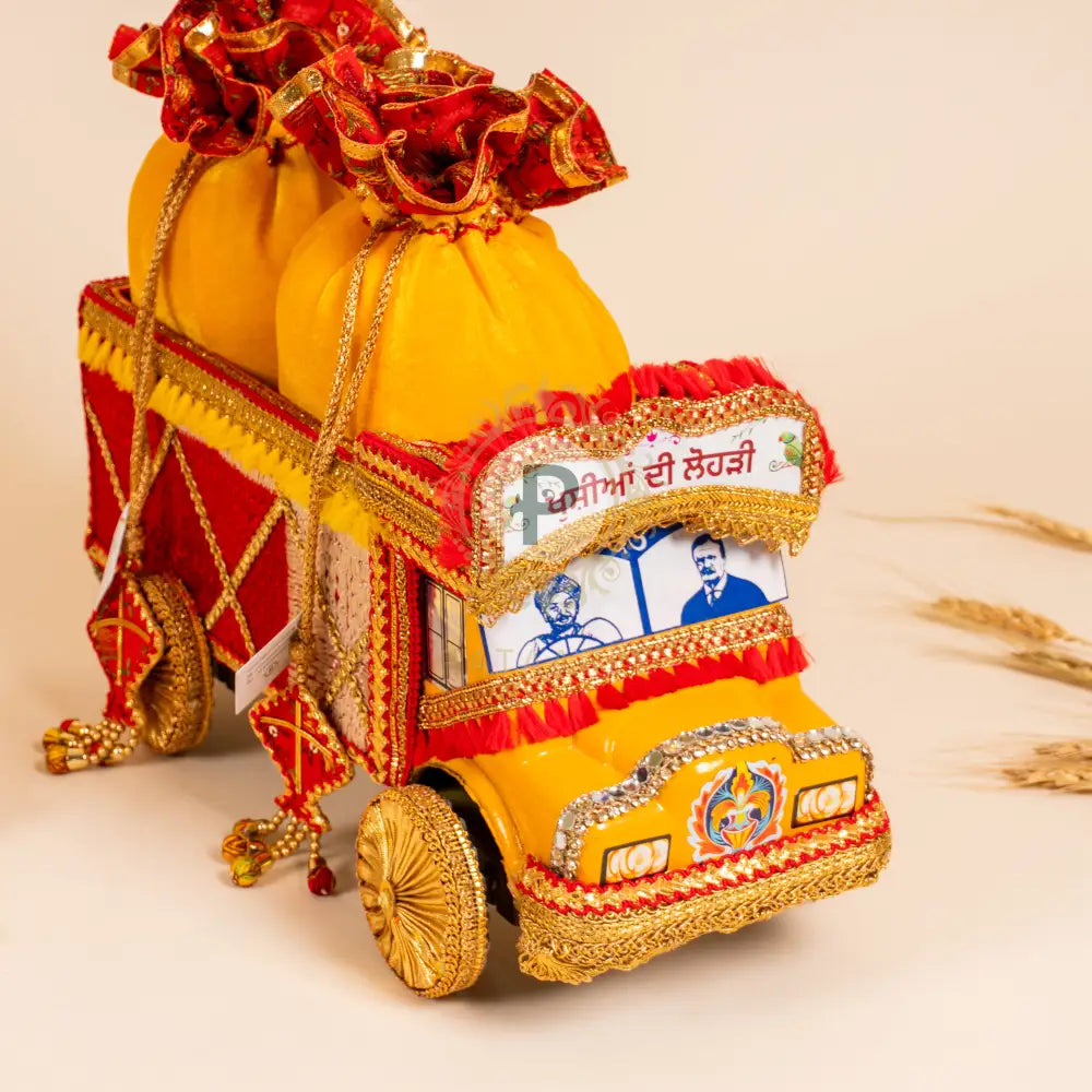 Vibrant Red and Gold Baag Phulkari Small Truck