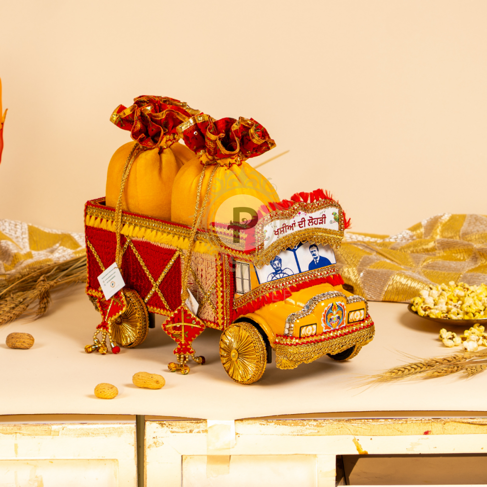 Lohri Red and Gold Baag Phulkari Small Truck with 2 Velvet Potlis Baby Gift Box