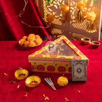 Marigold Mithai Box Set With Taash Festive Brooches & Diyas