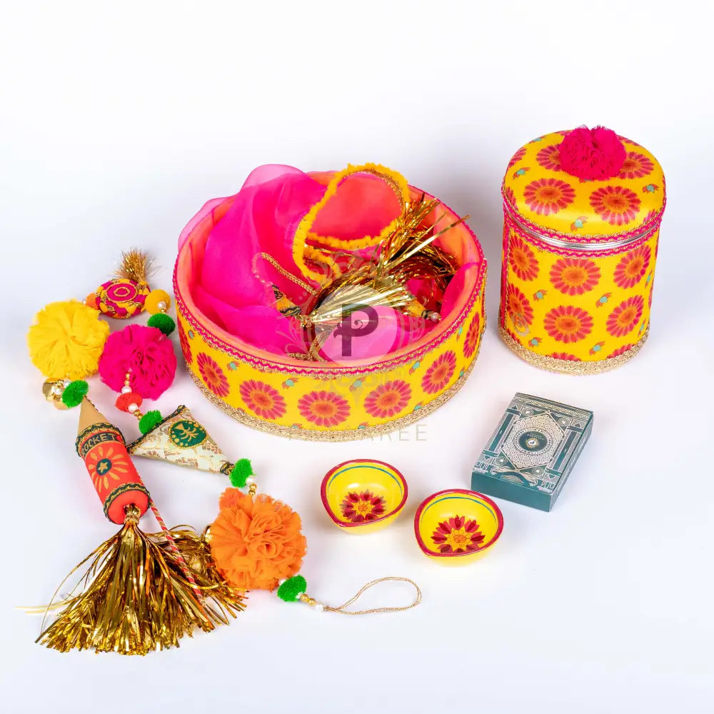 Marigold Round Tissue Basket Set With Ladoo Box Firecracker Toran Taash & Diyas