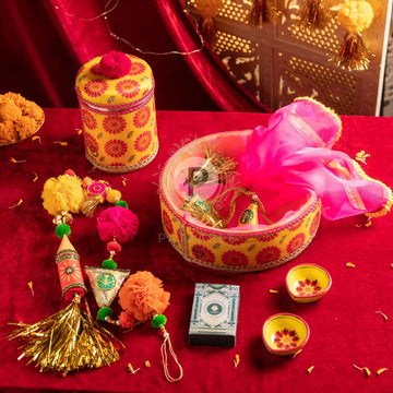 Marigold Round Tissue Basket Set With Ladoo Box Firecracker Toran Taash & Diyas