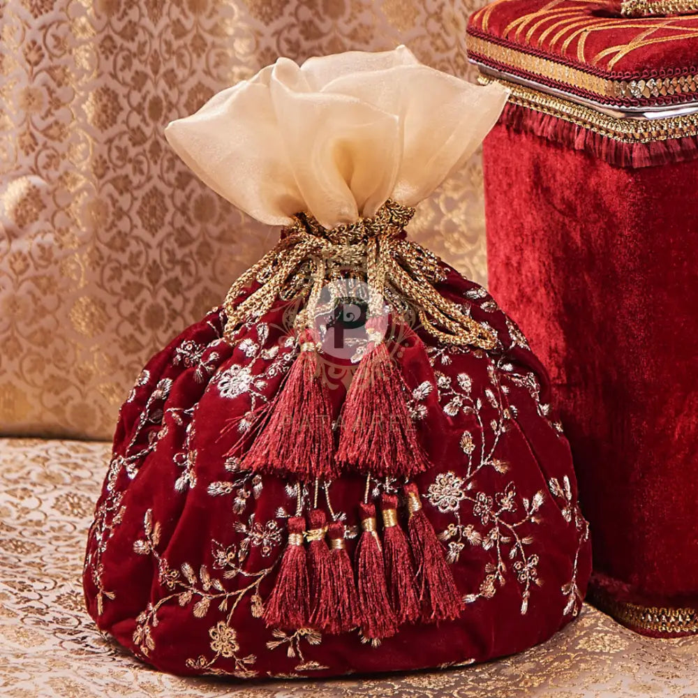 Maroon Embroidered Velvet Potli Bag Graceful Gifting for Weddings Pataaree Studios Pvt Ltd