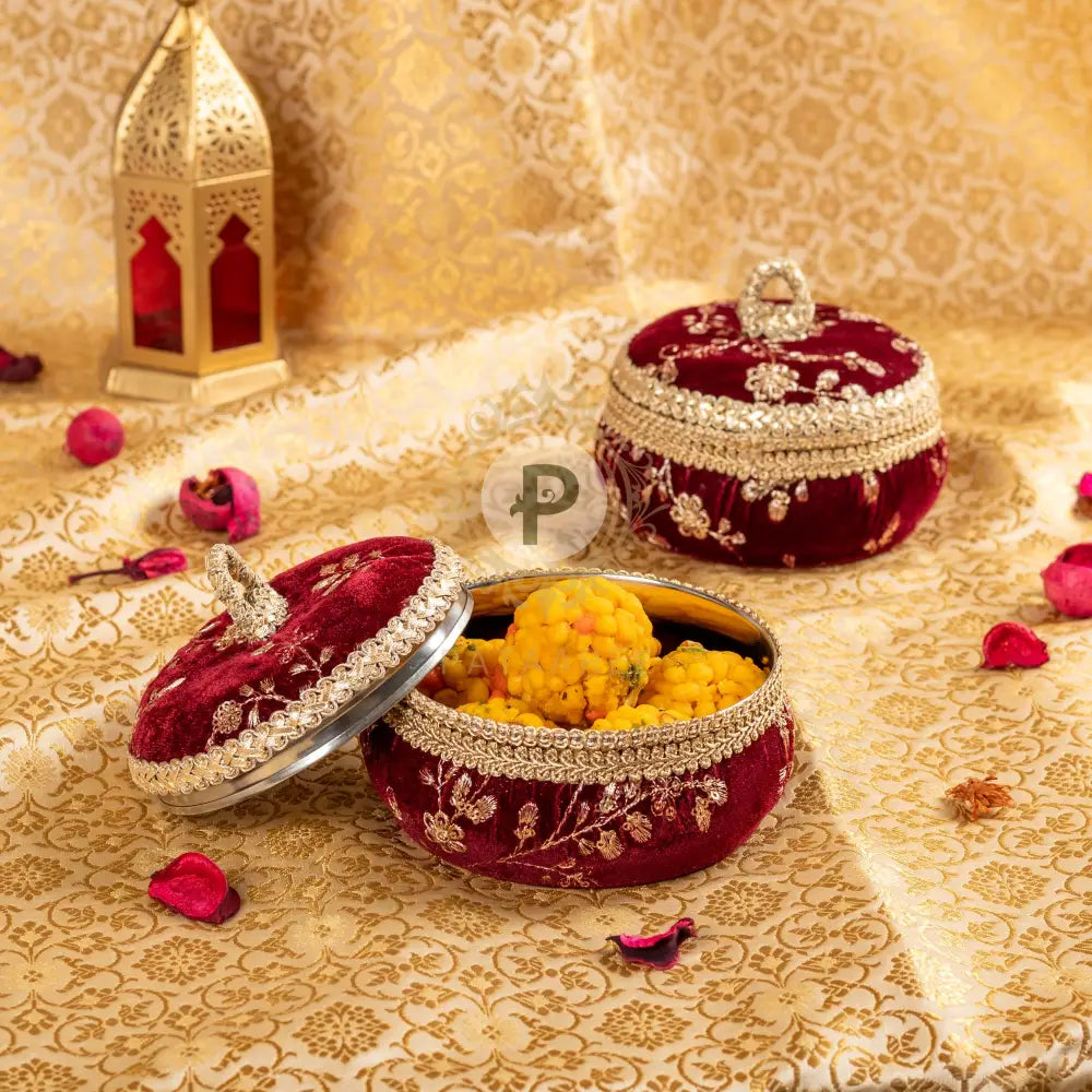 Maroon Embroidered Velvet Small Ladoo Box Ladoo Box