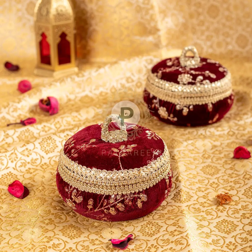 Maroon Embroidered Velvet Small Ladoo Box Ladoo Box
