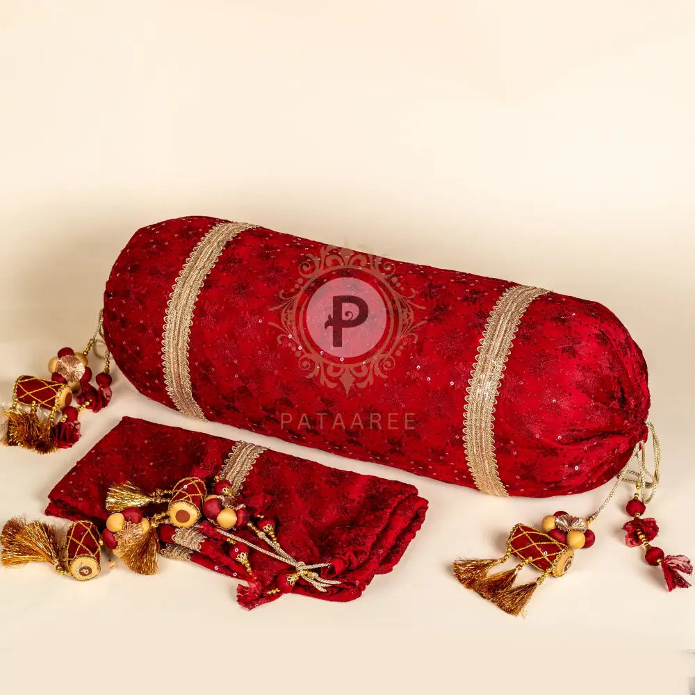Maroon Phulkari Bolster Cover Set Cushion Set