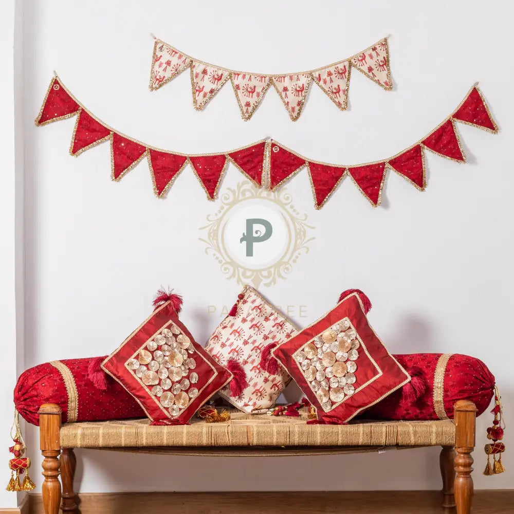 Maroon Phulkari Cushion & Bolster Cover Set Cushion Set