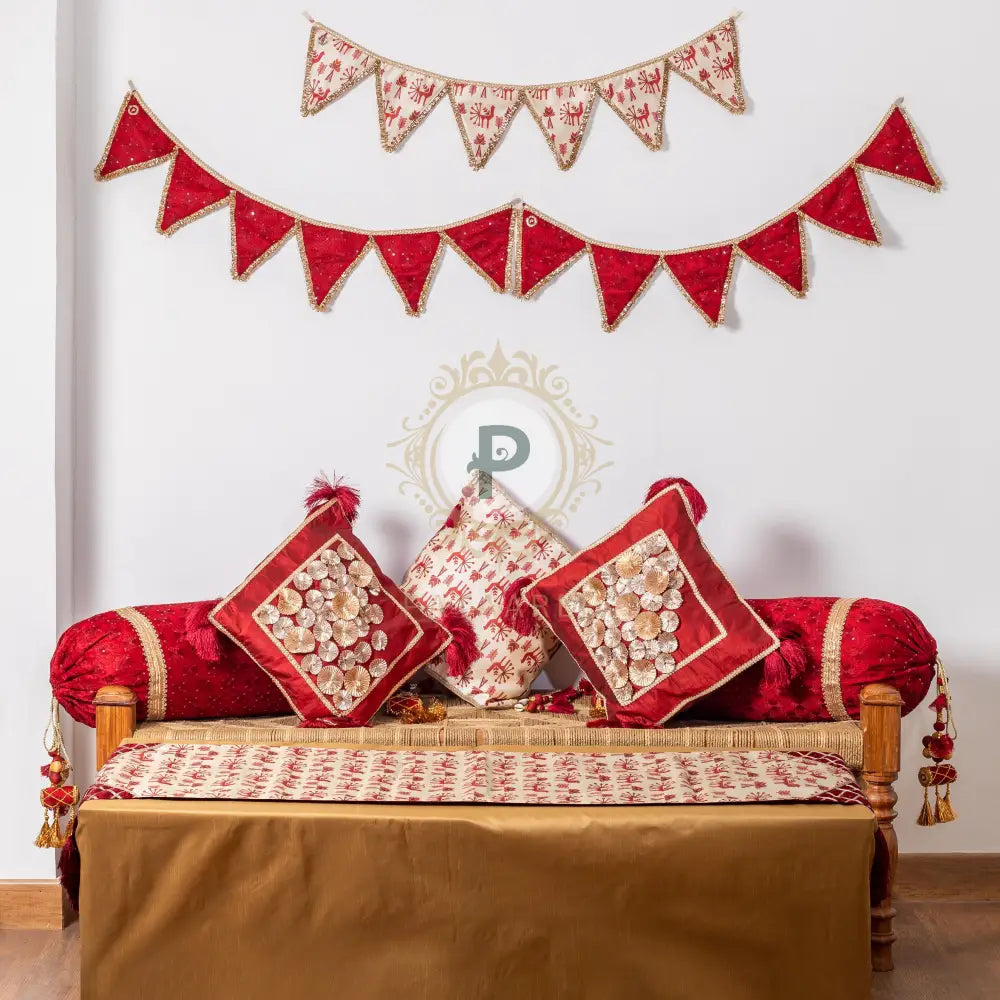 Maroon Phulkari Set (Cushion Covers with Runner & Buntings) Cushion Set