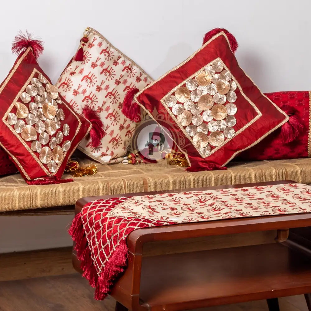 Maroon Phulkari Set (Cushion Covers with Runner & Buntings) Cushion Set