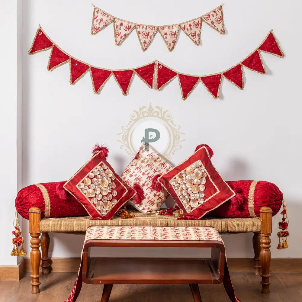 Maroon Phulkari Set (Cushion Covers with Table Runner) Cushion Set