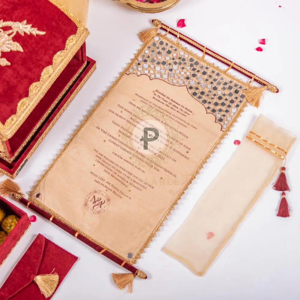Maroon Velvet Palki Sahe Chithi Set With Screen Printed Scroll