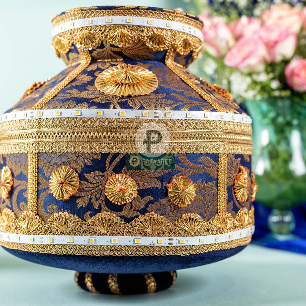 Brocade Jaago Matka With Led Lights Navy Blue And Gold