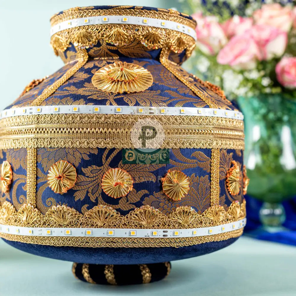 Brocade Jaago Matka With Led Lights Navy Blue And Gold