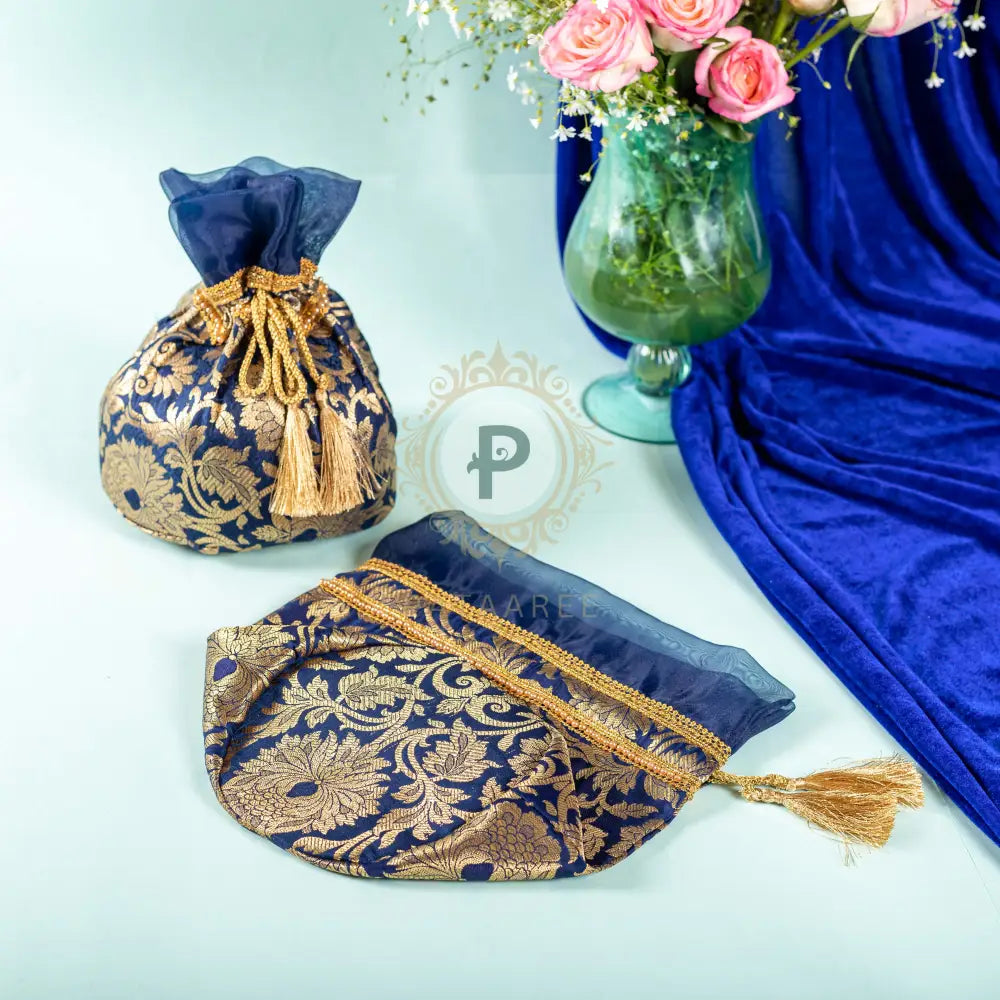 Navy Blue & Gold Brocade Potli Potli