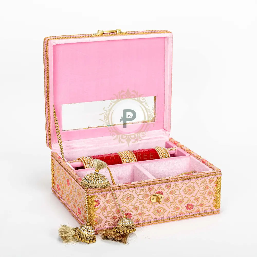 Pastel Pink Brocade Chura Kaleera Box With Satrangi Top