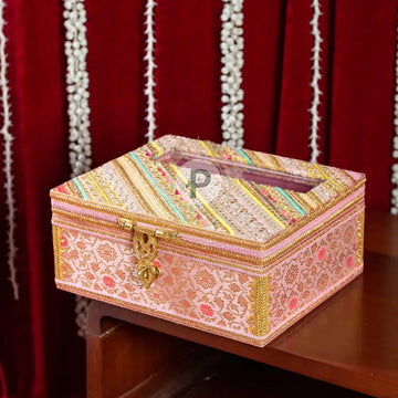 Pastel Pink Brocade Chura Kaleera Box With Satrangi Top