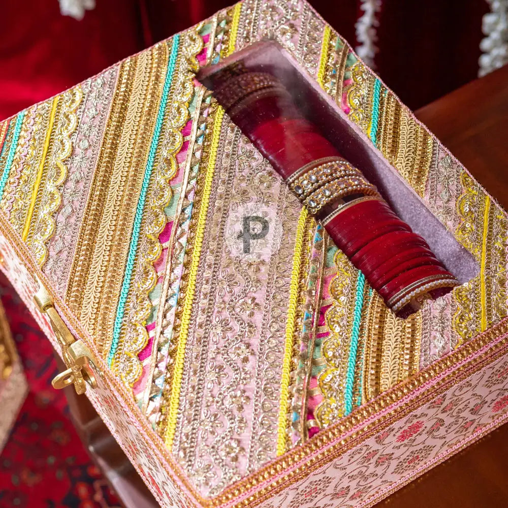 Pastel Pink Brocade Chura Kaleera Box With Satrangi Top