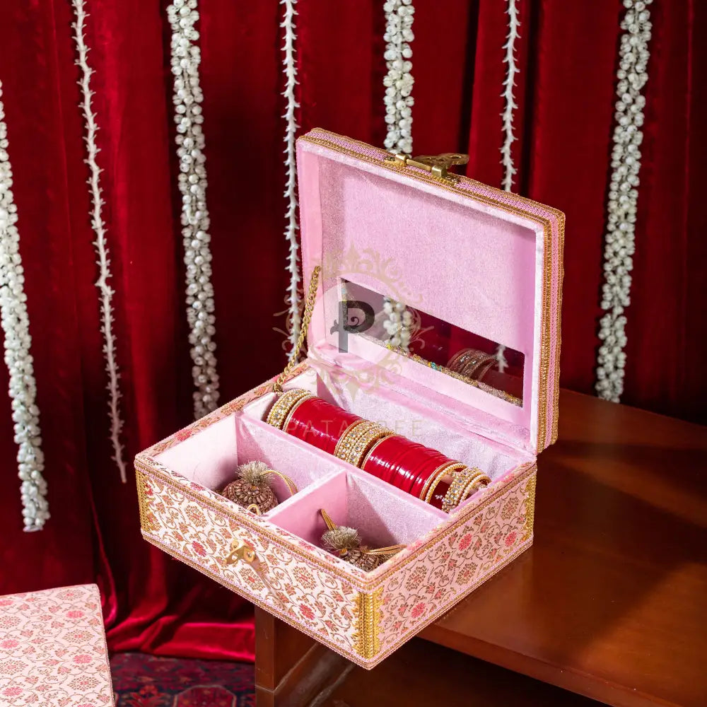 Pastel Pink Brocade Chura Kaleera Box With Satrangi Top