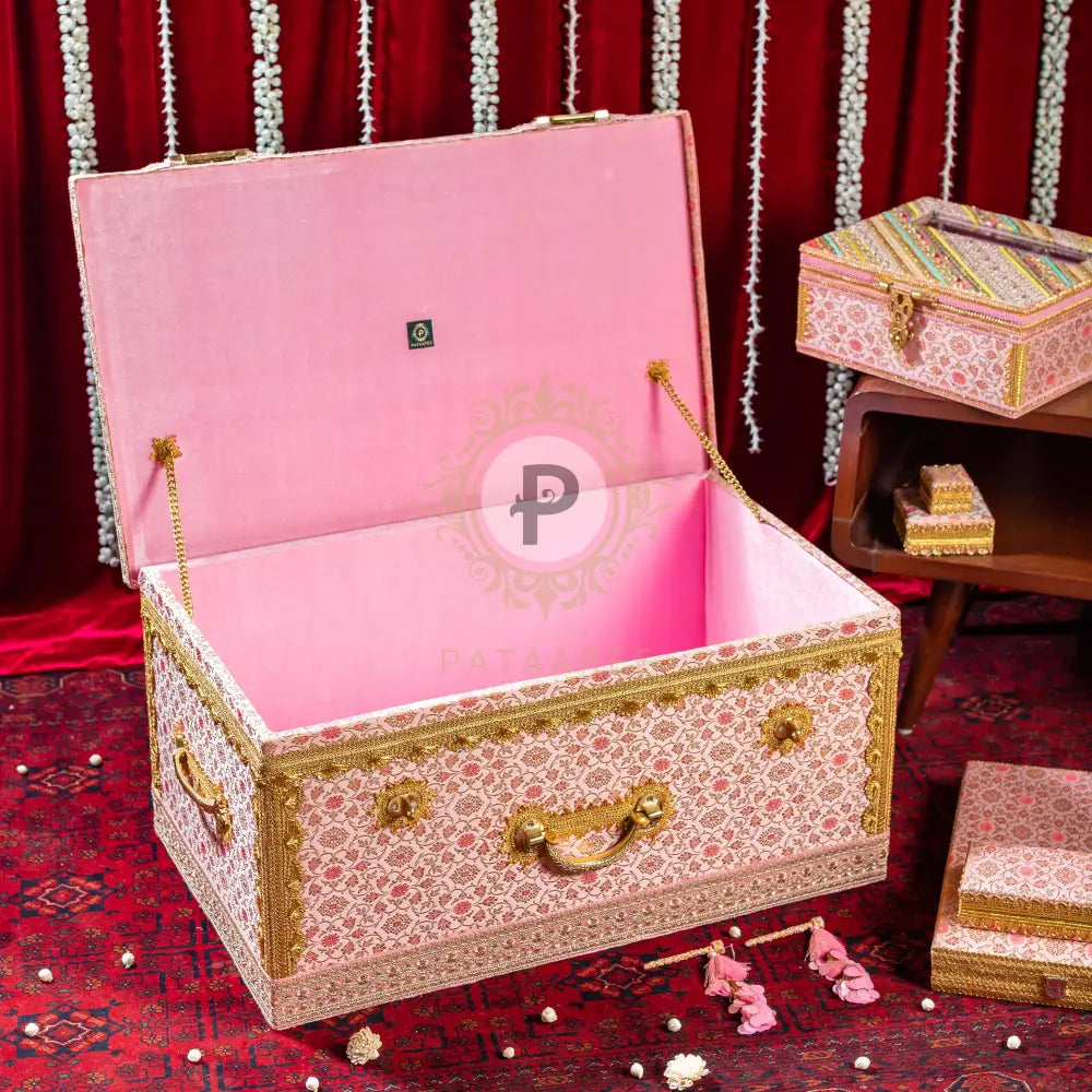 Pastel Pink Brocade Trousseau Trunk