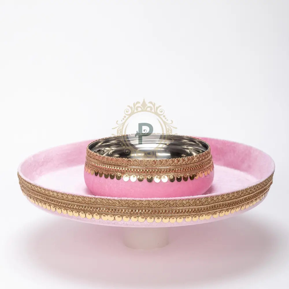 Pastel Pink Velvet Thaal With Chura Bowl